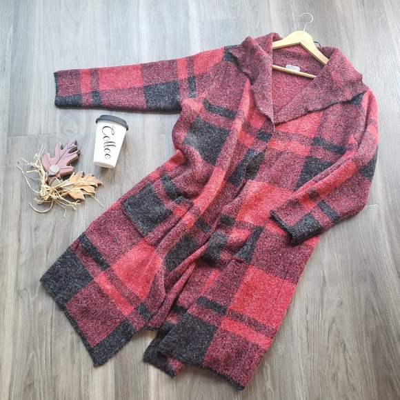Joseph A. Jackets & Blazers - Joseph A. Red Buffalo Plaid Sweater Coat Womens XL